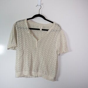 Gap x Doen Linen Blend Pointelle Knit Stretch Ruffle Collar Pullover Sweater XL
